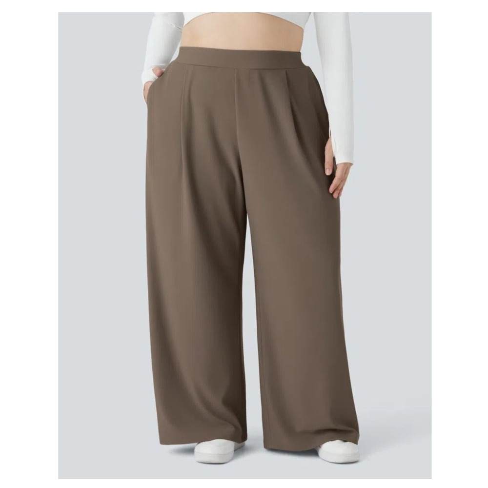 Halara Flex Wide Leg Pants Women XL Petite Brown Pleated Elastic Waist  NWT